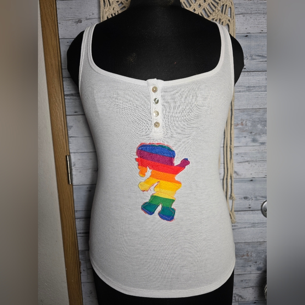H&M Customized White Ribbed Tank with Rainbow Brite Patch